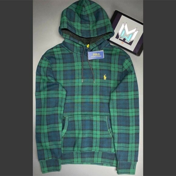 Polo Ralph Lauren Pullover Sherpa Hoodie Plaid Green Men’s Medium 5986 - Picture 1 of 10